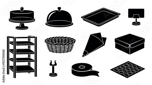 Various black silhouette kitchen and baking items are neatly arranged in a grid pattern, showcasing common household and culinary tools with clean, graphic lines