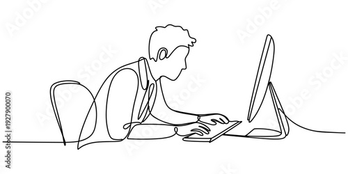 continuous line drawing of office worker concentrated behind computer