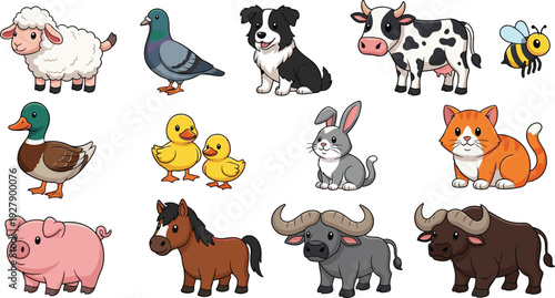 Farm and Domestic Animals Collection with Cute Cartoon Characters Illustration