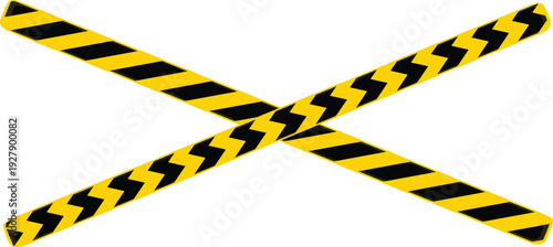 Yellow and Black Diagonal Caution Tape Ribbons in Crossed Pattern for Construction Sites, Hazard Warnings, Safety Zones, and Industrial Area Barrier Designs
