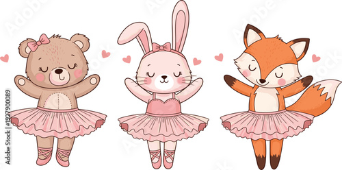 Adorable Ballerina Animal Set Featuring Bear Bunny and Fox in Pink Tutus and Ballet Shoes for Nursery Decor Girls Birthday and Dance Party Designs