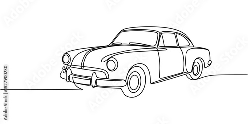 One single line drawing of old retro vintage auto car. Classic transportation vehicle concept. Vintage racing car driving on dusty road. Continuous line draw design illustration