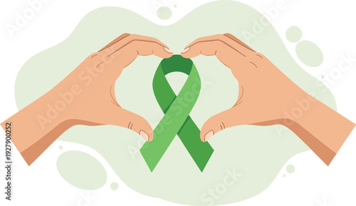 Green Awareness Ribbon Held by Hands in Support Concept Illustration