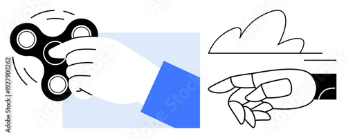 Stress relief, technology interaction, automation, focus tool, futuristic gesture, innovation. Hand using fidget spinner and robotic hand pointing. Stress relief and technology interaction concept