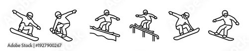 Six black outline snowboarder icons depicting various dynamic poses and actions, including jumps and rail grinds, rendered in a clean, minimalist illustration style with a modern aesthetic