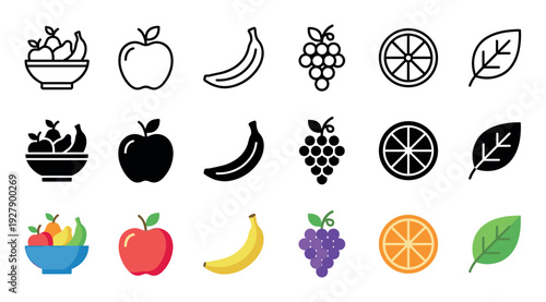 Various fruit and leaf vector icons presented in three distinct styles: outline, solid black, and vibrant color, offering a versatile collection for digital design