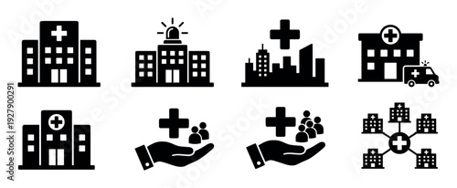 Eight black silhouette medical and healthcare icons representing hospitals, emergency services, community care, and health networks in a clean, modern vector graphic style