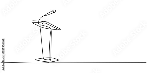 A continuous one line drawing of a speakers podium with an integrated microphone, suitable for illustrating public speaking events, conferences, educational content, and communication
