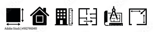 These black architectural and measurement icons represent various aspects of building design, construction, and property planning, depicted in a clean, modern, and easily recognizable graphic style