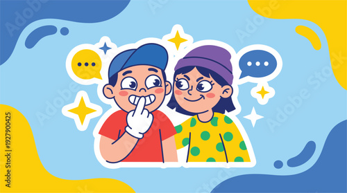 Happy Sibling Children Talking and Sharing Secrets with Speech Bubbles, Illustrating Childhood Friendship & Communication in Vibrant Cartoon Flat Vector Style on a Light Blue Background.
