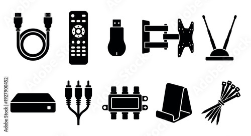 Various black silhouette icons of electronic accessories and home entertainment components are neatly arranged, showcasing essential items for modern media setups with a clean, graphic style