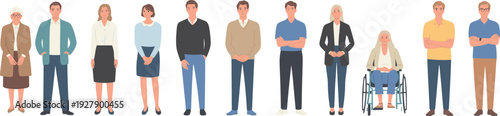Diverse people group standing portrait set, multicultural community including elderly and wheelchair user, unity concept, flat vector illustration