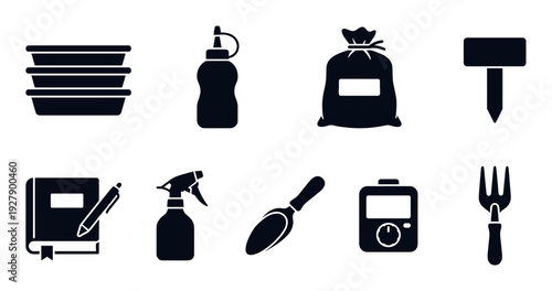 Collection of black silhouette gardening icons displaying various essential tools and supplies for planting and plant care, rendered in a clean, modern, illustrative graphic style