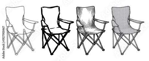 Four distinct black and white folding camping chairs are rendered in various illustrative styles, including minimalist line art, a bold sketch, detailed engraving, and a textured halftone pattern