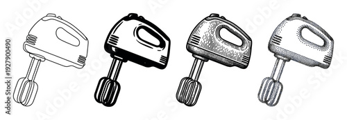 Four distinct black and white hand mixers are illustrated using various artistic styles, including clean line art, bold silhouette, detailed hatching, and intricate stippling techniques