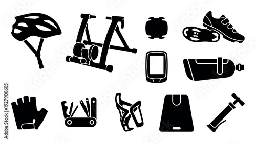 Black silhouette icons of essential cycling gear and accessories are neatly arranged, depicting various equipment for bike riding and maintenance