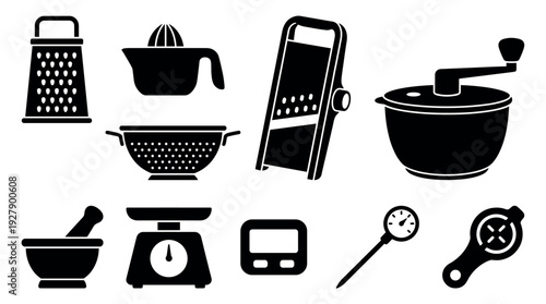Collection of black silhouette kitchen utensils and gadgets features essential cooking tools in a clean, graphic style, perfect for culinary design