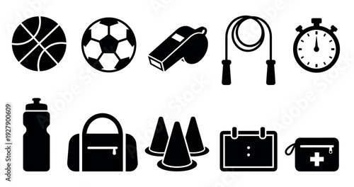 Collection of various black sports equipment icons, featuring balls, a whistle, jump rope, stopwatch, water bottle, gym bag, training cones, timer, and first aid kit