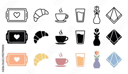 Collection of breakfast and morning icons displayed in three distinct styles, featuring outline, solid black, and pastel colored illustrations of food, drinks, and decor elements