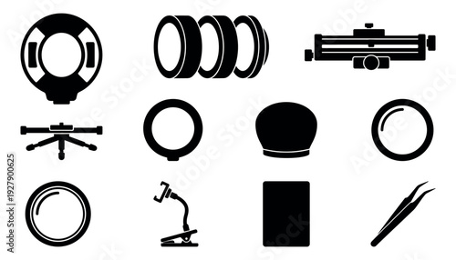 Various black silhouette icons of photography and videography equipment and tools are neatly arranged, showcasing essential accessories for content creation in a clean, graphic style