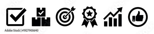 Set of six black business success icons clearly illustrating various concepts like completion, delivery, goals, quality, growth, and approval, presented in a clean, minimalist vector style