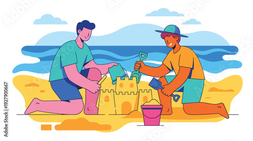 Siblings building sandcastle on beach for summer fun, childhood leisure. Flat vector illustration with vibrant colors, isolated.