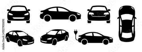 Seven black silhouette car icons depict modern electric and conventional vehicles from multiple perspectives, showcasing transportation and automotive concepts