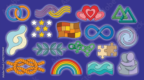 Siblings Family, Hugging Diverse Abstract Icons, Unity Connection Support Growth, Flat Vector Bright Cartoon Art, Digital Illustration Graphic Elements.