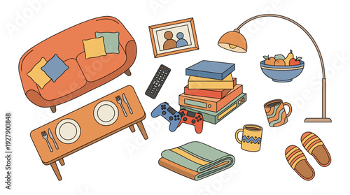 Sibling Home Daily Life: Gaming, Dining, Relaxing Essentials. Family Bonding, Domestic Comfort. Flat Outline Style, Warm Pastels. Isolated Vector Graphic.