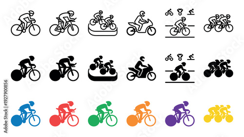 Various cycling and motorcycling sport icons presented in a clean, minimalist graphic style, featuring outline, solid, and colored pictograms for competition and activity
