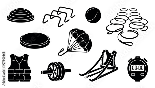 Various black silhouette sports and fitness equipment icons are neatly arranged, showcasing a diverse collection of workout gear and training accessories in a clear, illustrative style