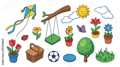Outdoor Play Icons Set Spring Summer, Kite Swing Picnic Nature Toys, Childhood Siblings Fun, Cartoon Flat Colorful, Vector Isolated Pack