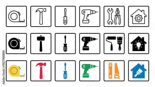 Comprehensive collection of various tool and home improvement icons presented in outline, solid, and colorful styles, arranged neatly in a grid pattern