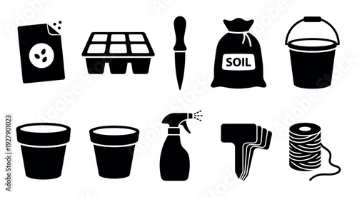 Various black gardening and planting tools and supplies are neatly arranged in a clean, graphic icon style, perfect for illustrating horticultural concepts