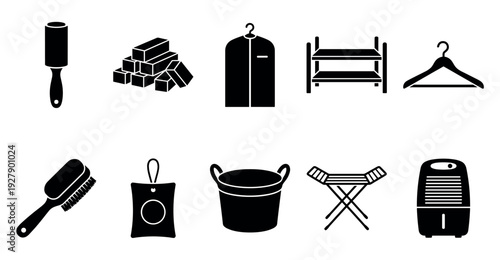 Collection of black silhouette laundry and clothing care icons are neatly arranged in a grid, presenting essential household items for cleaning and organization in a simple, graphic style