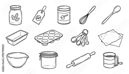 Collection of hand-drawn baking ingredients and tools, including a whisk, rolling pin, measuring spoons, and various pans, depicted in a clean, illustrative line art style