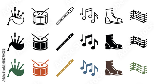 Collection of diverse traditional Celtic folk music and culture icons, featuring bagpipes, drums, flutes, musical notes, and boots in various outline and solid fill vector styles