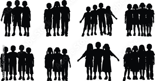 Children group silhouettes collection showing friendship, teamwork and togetherness poses, playful kids illustration isolated on white background design set