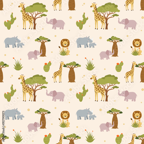 Seamless vector pattern with cute safari animals and baobab trees. Boho african nursery textile with rhino family, giraffe and elephant on beige background.