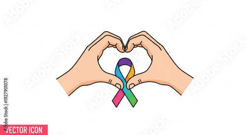 Hands forming heart shape with colorful awareness ribbon symbolizing love support and solidarity for a cause
