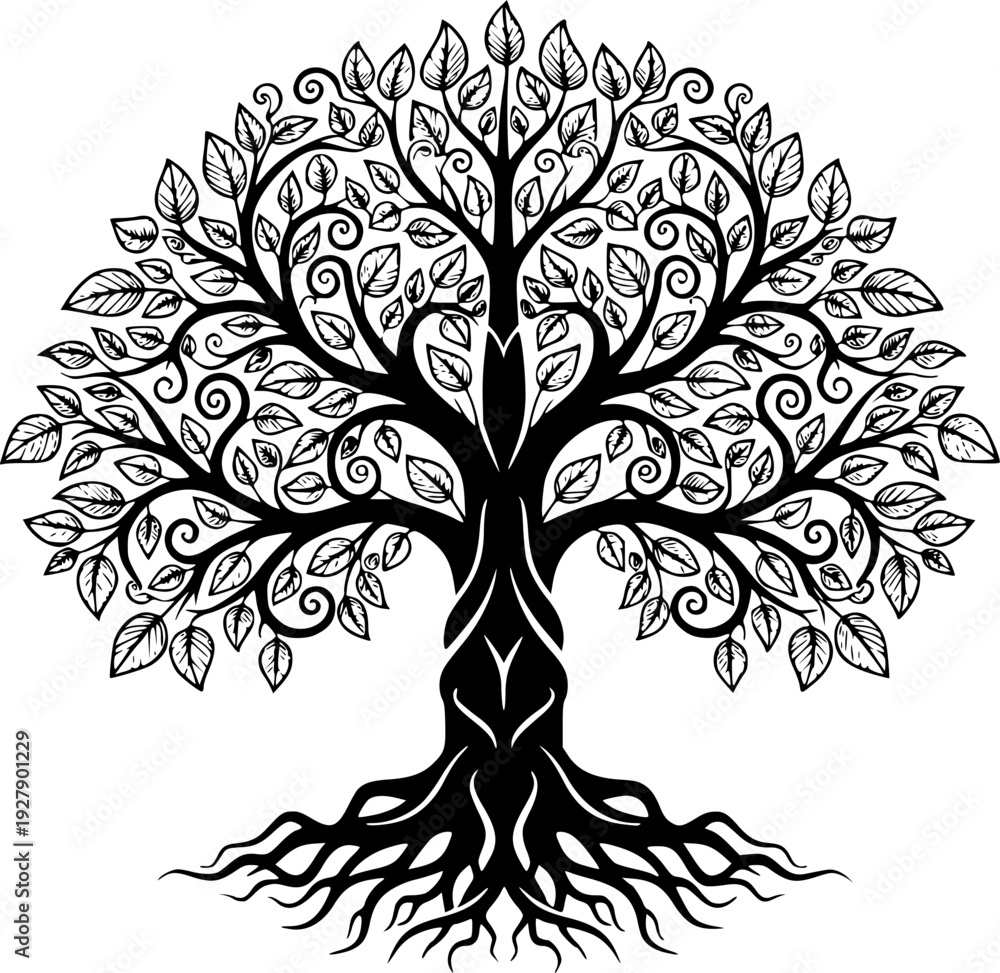 Obraz premium Intricate Ornamental Tree Silhouette - Stylized Swirl Nature Pattern and Botanical Art Vector