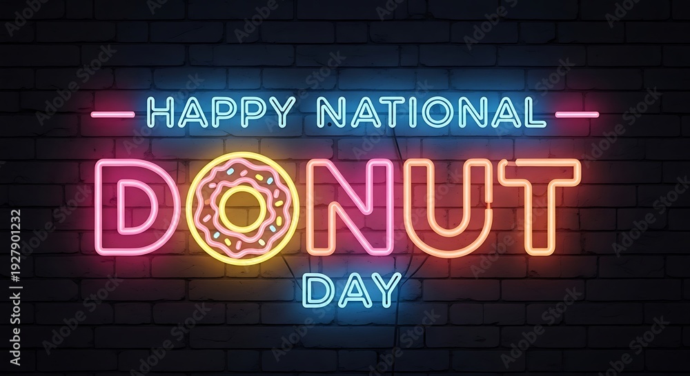Obraz premium Happy national donut day neon sign on brick wall background