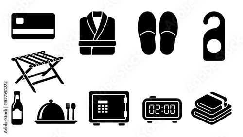 Various black silhouette hotel amenity icons are neatly arranged, depicting essential items for a comfortable stay and guest services
