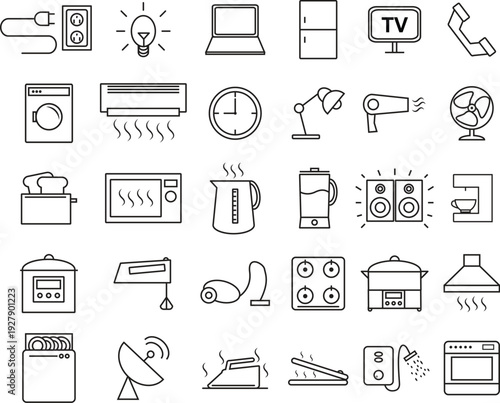 Minimalist collection of 30 thin line icons for modern home appliances, consumer electronics, and kitchen utilities on a clean white background.