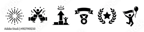 Seven black glyph icons illustrating success, achievement, and celebration are visually presented with symbols like medals, podiums, and fireworks
