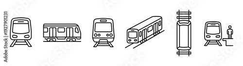 Six distinct black outline train and metro icons are displayed, illustrating diverse views of public transport and a passenger on a platform with a minimalist graphic style