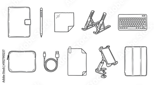 Various electronic device accessories and office items are neatly illustrated in a clean, hand-drawn line art style, showcasing essential tools for modern productivity and digital work