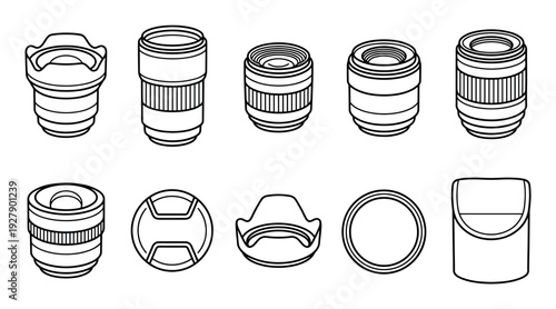 Various camera lenses and accessories are depicted in a clean, minimalist black outline style, showcasing essential photographic equipment with a modern, iconic aesthetic