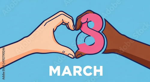 Two hands forming heart shape with pink dollar sign on blue background with march text symbolizing love and financial support in march