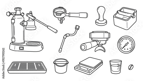 Various coffee brewing equipment and accessories are neatly arranged in a detailed black and white line art illustration, showcasing essential barista tools for espresso preparation